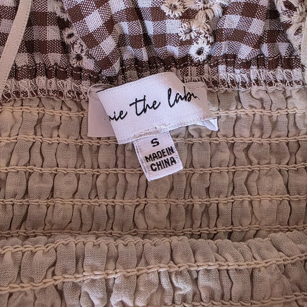 Smocked Gingham Maxi Dress with Tie Straps - White and Brown - Picture 2 of 5